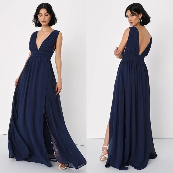 Lulus Dresses & Skirts - Navy Blue Chiffon V-Neckline Bridesmaid Maxi Dress